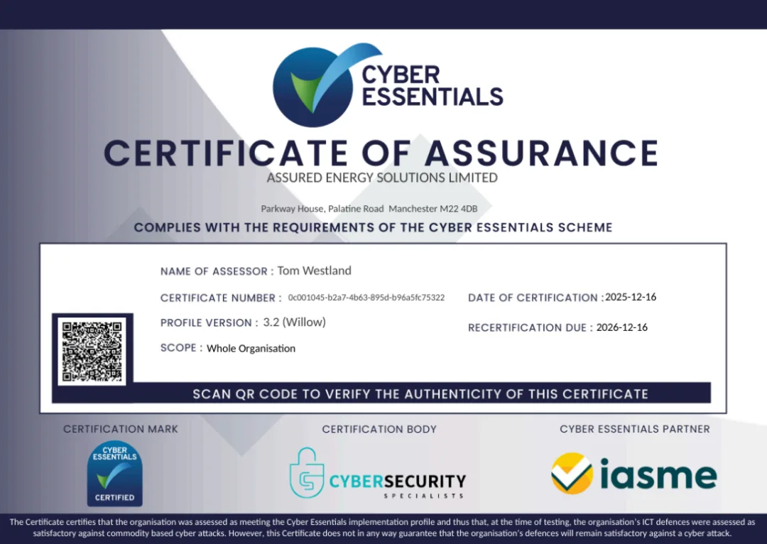 Assured Energy - Awarded Cyber Essentials!